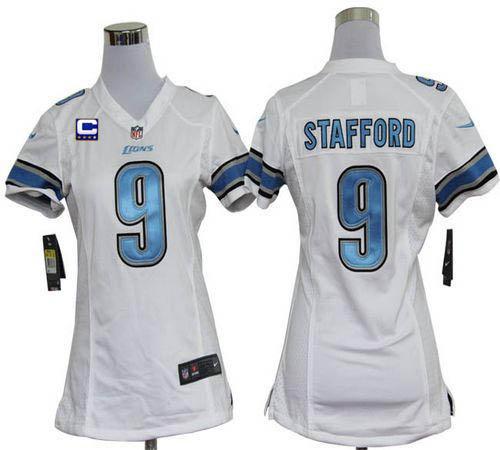  Lions #9 Matthew Stafford White With C Patch Women's Stitched NFL Elite Jersey