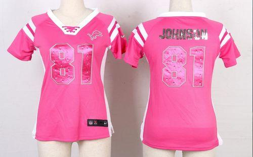  Lions #81 Calvin Johnson Pink Women's Stitched NFL Elite Draft Him Shimmer Jersey
