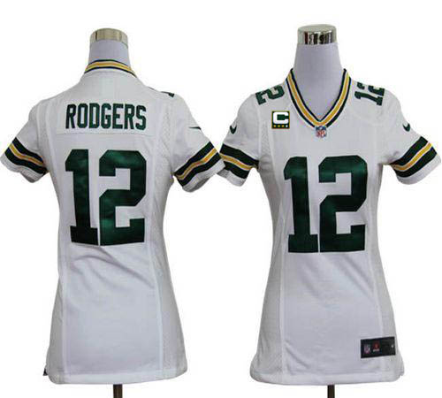  Packers #12 Aaron Rodgers White With C Patch Women's Stitched NFL Elite Jersey