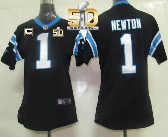  Panthers #1 Cam Newton Black Team Color With C Patch Super Bowl 50 Women's Stitched NFL Elite Jersey