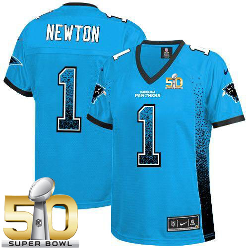  Panthers #1 Cam Newton Blue Alternate Super Bowl 50 Women's Stitched NFL Elite Drift Fashion Jersey