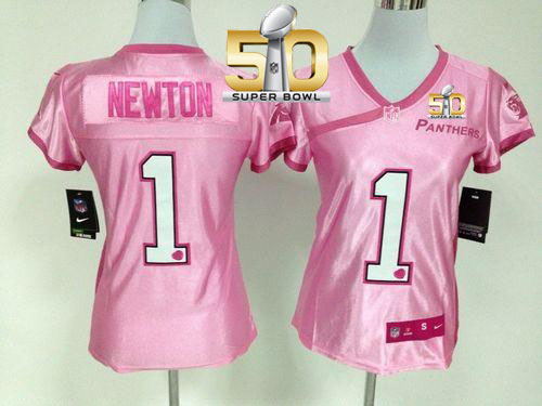  Panthers #1 Cam Newton New Pink Super Bowl 50 Women's Be Luv'd Stitched NFL Elite Jersey
