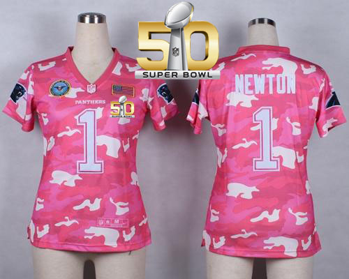  Panthers #1 Cam Newton Pink Super Bowl 50 Women's Stitched NFL Elite Camo Fashion Jersey