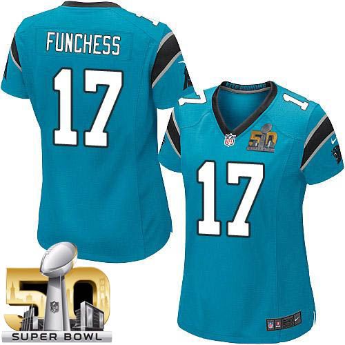  Panthers #17 Devin Funchess Blue Alternate Super Bowl 50 Women's Stitched NFL Elite Jersey