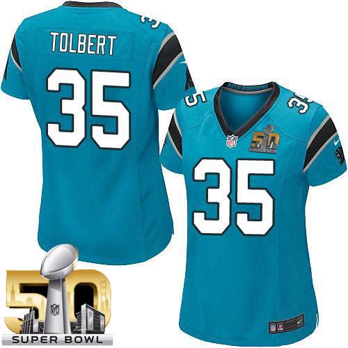  Panthers #35 Mike Tolbert Blue Alternate Super Bowl 50 Women's Stitched NFL Elite Jersey