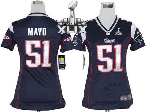 Patriots #51 Jerod Mayo Navy Blue Team Color Super Bowl XLIX Women's Stitched NFL Elite Jersey