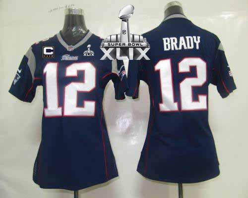  Patriots #12 Tom Brady Navy Blue Team Color With C Patch Super Bowl XLIX Women's Stitched NFL Elite Jersey