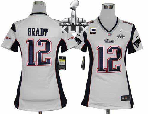  Patriots #12 Tom Brady White With C Patch Super Bowl XLIX Women's Stitched NFL Elite Jersey