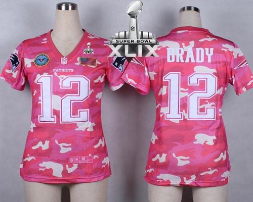  Patriots #12 Tom Brady Pink Super Bowl XLIX Women's Stitched NFL Elite Camo Fashion Jersey