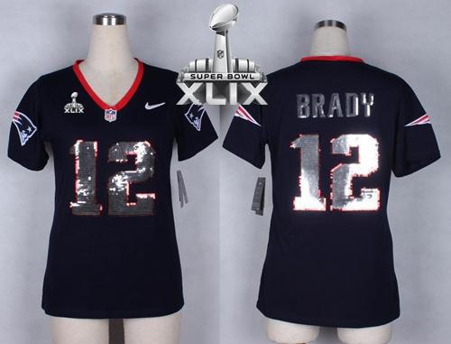  Patriots #12 Tom Brady Navy Blue Super Bowl XLIX Women's Stitched NFL Elite Handwork Sequin Lettering Jersey