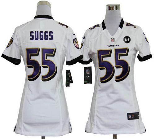  Ravens #55 Terrell Suggs White With Art Patch Women's Stitched NFL Elite Jersey