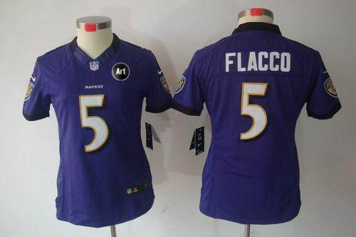  Ravens #5 Joe Flacco Purple Team Color With Art Patch Women's Stitched NFL Limited Jersey
