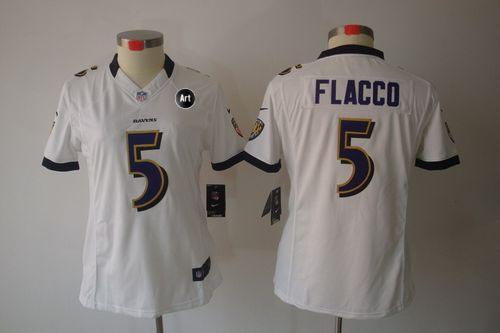  Ravens #5 Joe Flacco White With Art Patch Women's Stitched NFL Limited Jersey