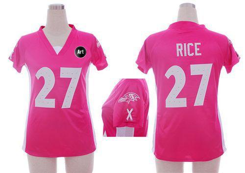  Ravens #27 Ray Rice Pink Draft Him Name & Number Top With Art Patch Women's Stitched NFL Elite Jersey