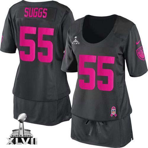  Ravens #55 Terrell Suggs Dark Grey Super Bowl XLVII Women's Breast Cancer Awareness Stitched NFL Elite Jersey