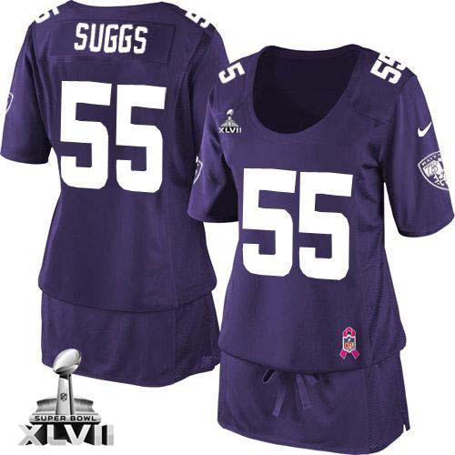  Ravens #55 Terrell Suggs Purple Team Color Super Bowl XLVII Women's Breast Cancer Awareness Stitched NFL Elite Jersey