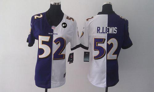  Ravens #52 Ray Lewis Purple/White With Art Patch Women's Stitched NFL Elite Split Jersey