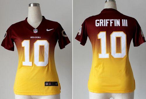  Redskins #10 Robert Griffin III Burgundy Red/Gold Women's Stitched NFL Elite Fadeaway Fashion Jersey
