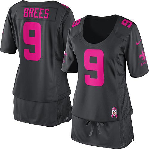  Saints #9 Drew Brees Dark Grey Women's Breast Cancer Awareness Stitched NFL Elite Jersey