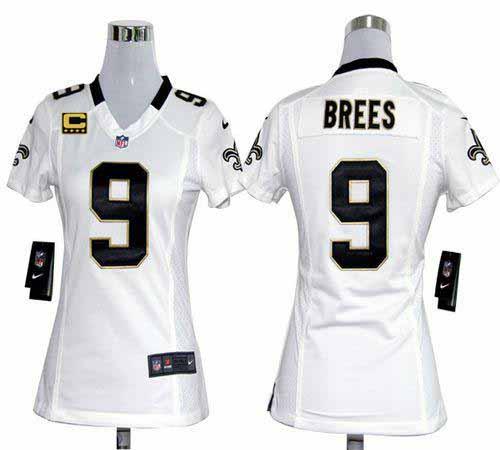  Saints #9 Drew Brees White With C Patch Women's Stitched NFL Elite Jersey