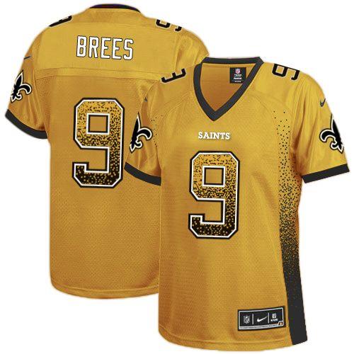  Saints #9 Drew Brees Gold Women's Stitched NFL Elite Drift Fashion Jersey