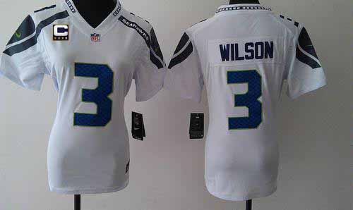  Seahawks #3 Russell Wilson White With C Patch Women's Stitched NFL Elite Jersey