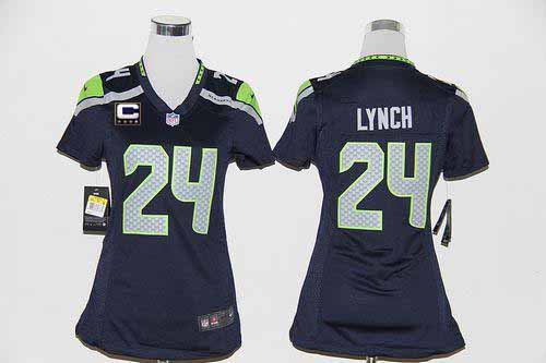  Seahawks #24 Marshawn Lynch Steel Blue With C Patch Women's Stitched NFL Elite Jersey