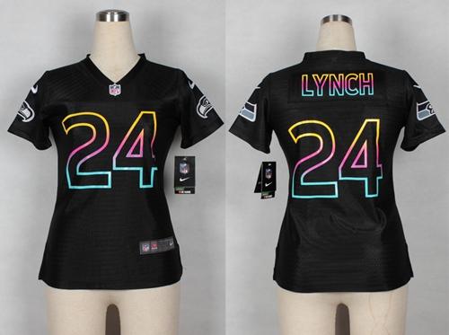  Seahawks #24 Marshawn Lynch Black Women's NFL Fashion Game Jersey