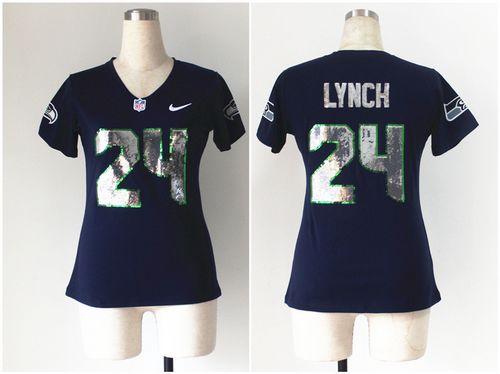  Seahawks #24 Marshawn Lynch Steel Blue Team Color Women's Stitched NFL Elite Handwork Sequin Lettering Jersey