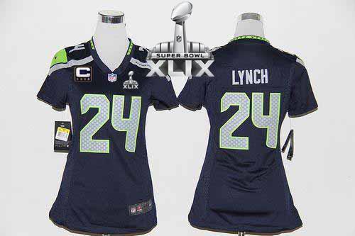  Seahawks #24 Marshawn Lynch Steel Blue With C Patch Super Bowl XLIX Women's Stitched NFL Elite Jersey