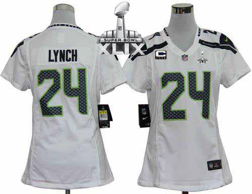  Seahawks #24 Marshawn Lynch White With C Patch Super Bowl XLIX Women's Stitched NFL Elite Jersey