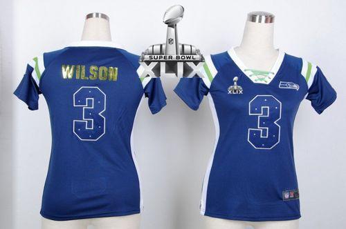  Seahawks #3 Russell Wilson Steel Blue Super Bowl XLIX Women's Stitched NFL Elite Draft Him Shimmer Jersey