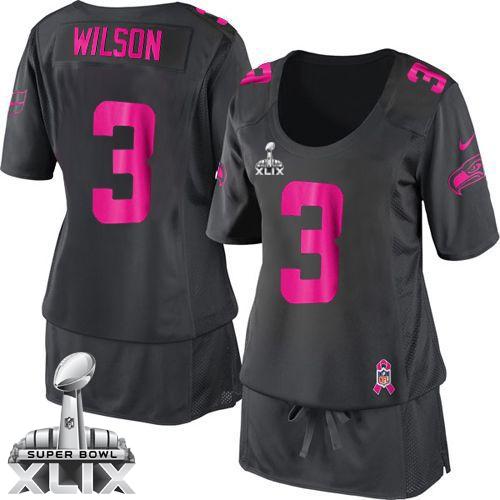  Seahawks #3 Russell Wilson Dark Grey Super Bowl XLIX Women's Breast Cancer Awareness Stitched NFL Elite Jersey