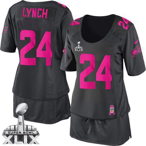  Seahawks #24 Marshawn Lynch Dark Grey Super Bowl XLIX Women's Breast Cancer Awareness Stitched NFL Elite Jersey