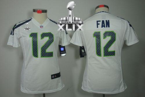  Seahawks #12 Fan White Super Bowl XLIX Women's Stitched NFL Limited Jersey