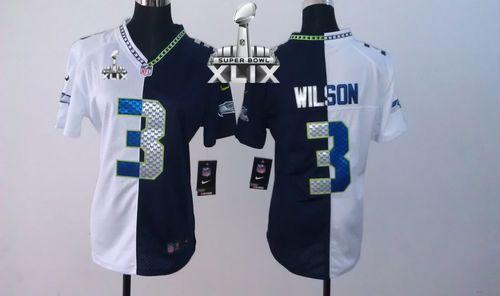  Seahawks #3 Russell Wilson Steel Blue/White Super Bowl XLIX Women's Stitched NFL Elite Split Jersey