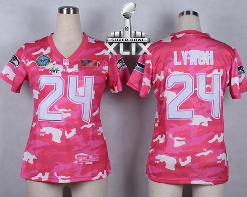  Seahawks #24 Marshawn Lynch Pink Super Bowl XLIX Women's Stitched NFL Elite Camo Fashion Jersey