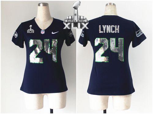  Seahawks #24 Marshawn Lynch Steel Blue Team Color Super Bowl XLIX Women's Stitched NFL Elite Handwork Sequin Lettering Jersey