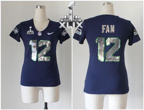  Seahawks #12 Fan Steel Blue Team Color Super Bowl XLIX Women's Stitched NFL Elite Handwork Sequin Lettering Jersey
