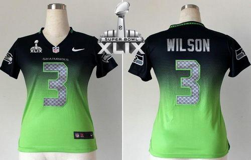  Seahawks #3 Russell Wilson Steel Blue/Green Super Bowl XLIX Women's Stitched NFL Elite Fadeaway Fashion Jersey