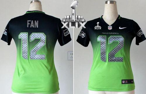  Seahawks #12 Fan Steel Blue/Green Super Bowl XLIX Women's Stitched NFL Elite Fadeaway Fashion Jersey