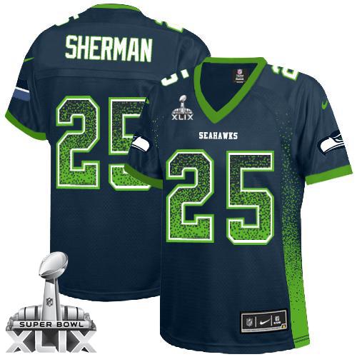  Seahawks #25 Richard Sherman Steel Blue Team Color Super Bowl XLIX Women's Stitched NFL Elite Drift Fashion Jersey