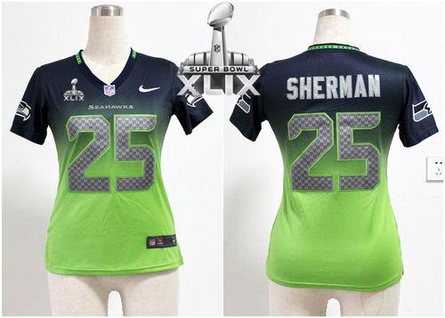  Seahawks #25 Richard Sherman Steel Blue/Green Super Bowl XLIX Women's Stitched NFL Elite Fadeaway Fashion Jersey