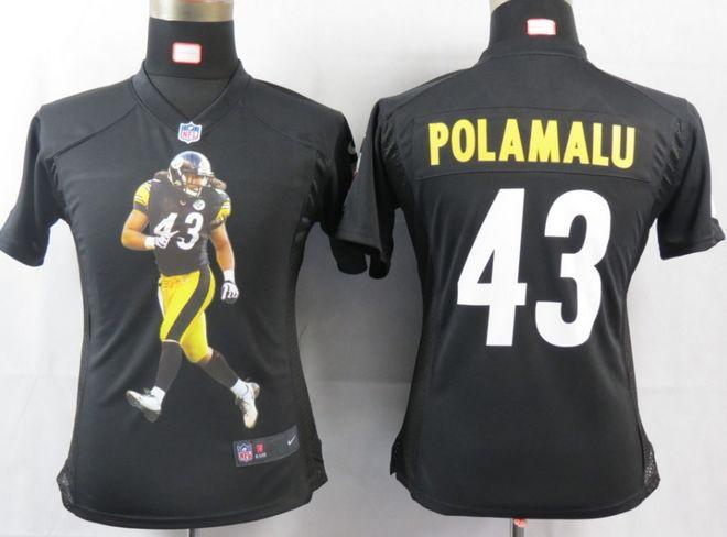  Steelers #43 Troy Polamalu Black Team Color Women's Portrait Fashion NFL Game Jersey