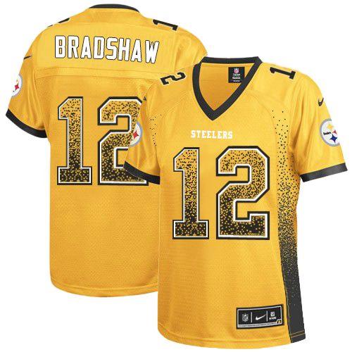  Steelers #12 Terry Bradshaw Gold Women's Stitched NFL Elite Drift Fashion Jersey