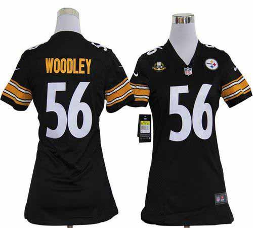  Steelers #56 LaMarr Woodley Black Team Color With 80TH Patch Women's Stitched NFL Elite Jersey