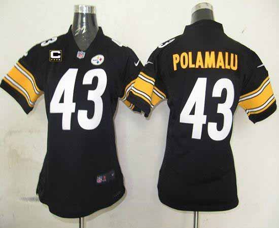 Steelers #43 Troy Polamalu Black Team Color With C Patch Women's Stitched NFL Elite Jersey
