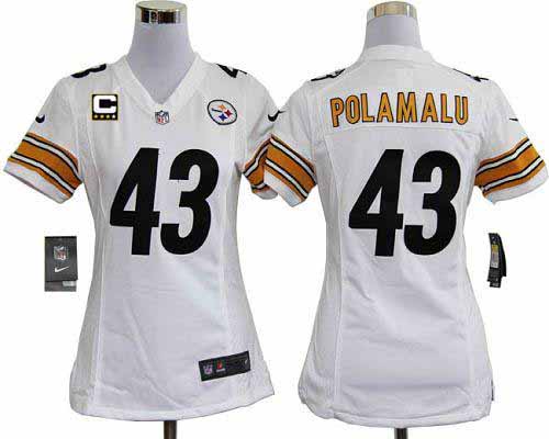 Steelers #43 Troy Polamalu White With C Patch Women's Stitched NFL Elite Jersey