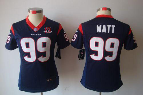  Texans #99 J.J. Watt Navy Blue Team Color With 10th Patch Women's Stitched NFL Limited Jersey