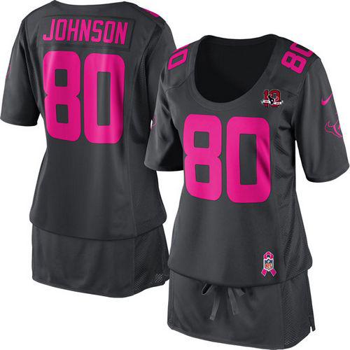  Texans #80 Andre Johnson Dark Grey With 10TH Patch Women's Breast Cancer Awareness Stitched NFL Elite Jersey